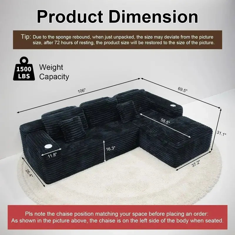 L-Shaped Cloud Sectional Sofa: Reclining Modular Design with Built-In Cup Holders & Plush Seating