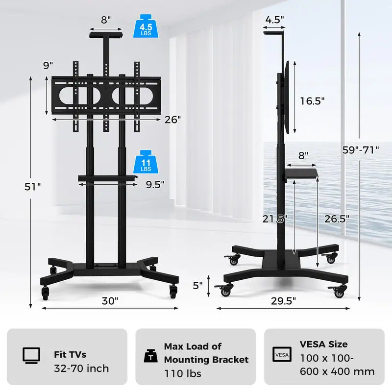 Rolling TV Cart Lightweight Mobile Stand for 32″70″ Flat or Curved Screens (Up to 110 lbs), VESA 600×400 mm Support