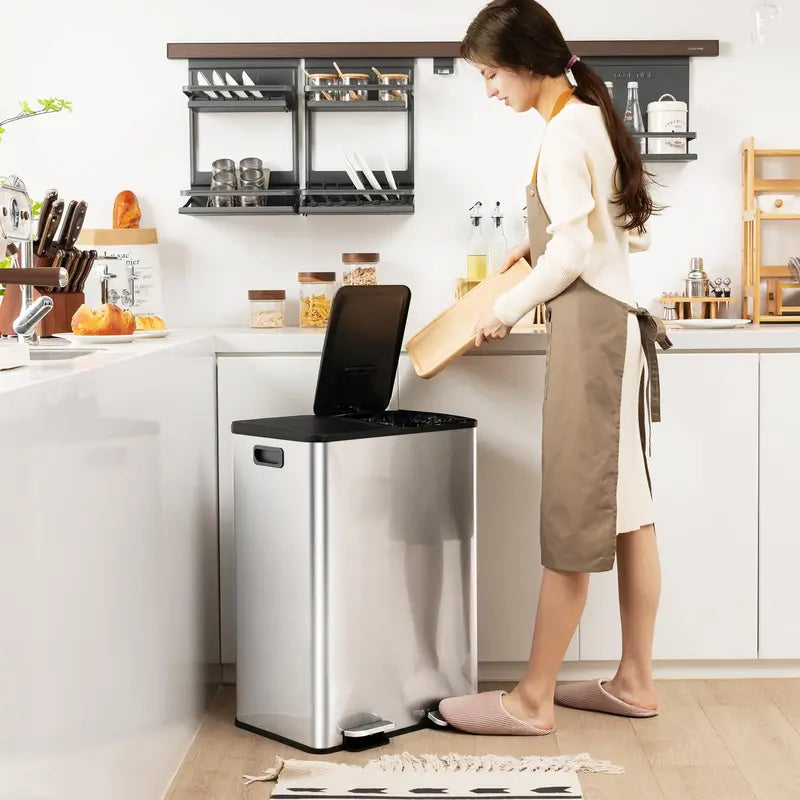 16-Gallon Dual-Bin Stainless Steel Kitchen Trash Can