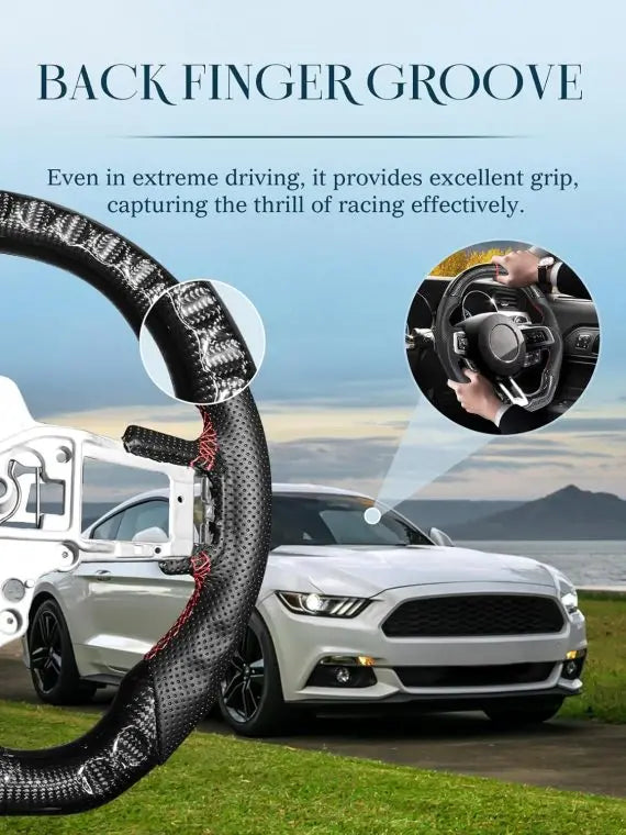 Ford Mustang Carbon Fiber D-Shaped Steering Wheel 2018-2022, Nappa Leather, Hand-Stitched, Fits EcoBoost/GT/Shelby GT350/GT350R