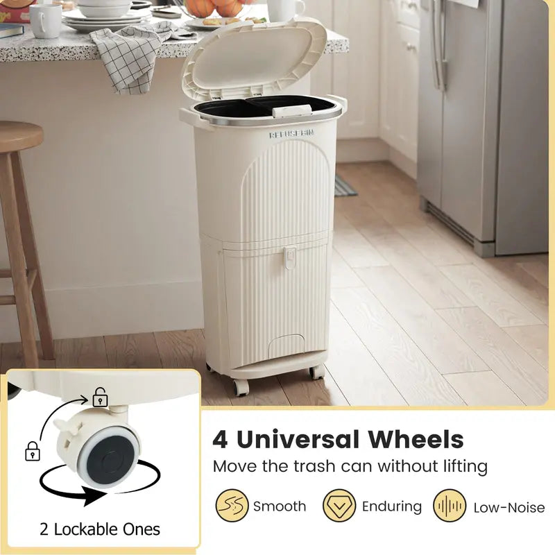 10-Gallon Dual-Bucket Kitchen Trash Bin Lid-Covered Waste Container with Removable Liners