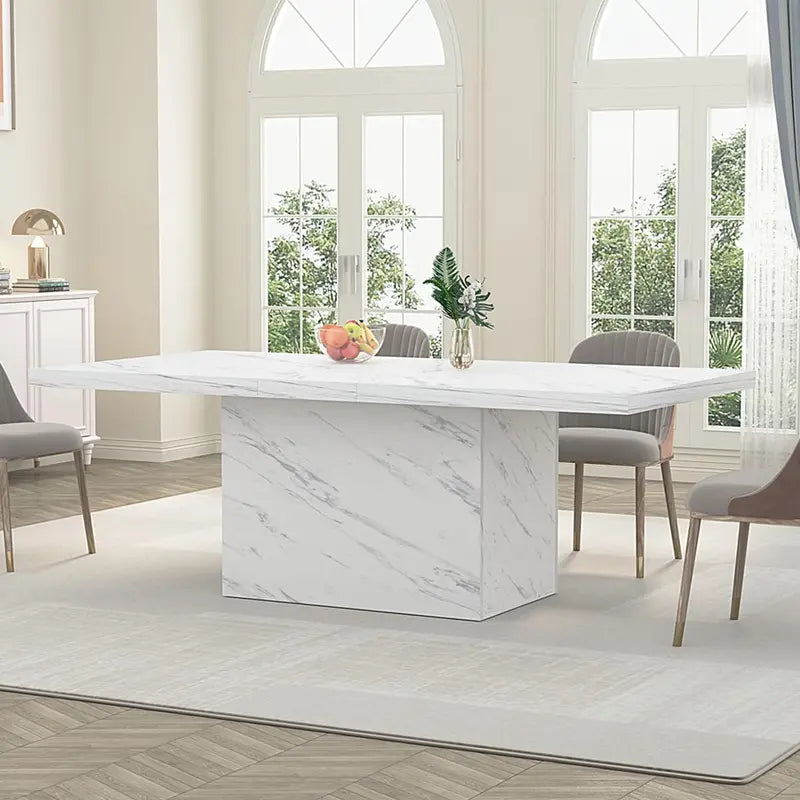 71-Inch White Faux Marble Dining Table Modern Rectangle Table for 68, Farmhouse-Industrial Style with Sturdy Base
