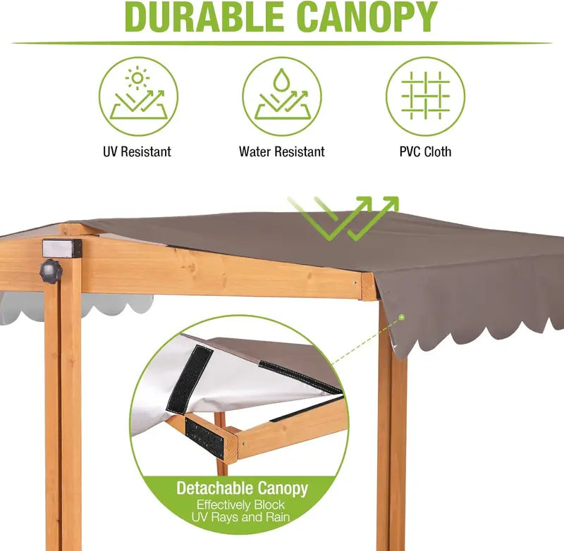 Wooden Outdoor Sandbox with Retractable Canopy 47″ x 47″ Sandpit Featuring Two Foldable Benches & Protective Liner