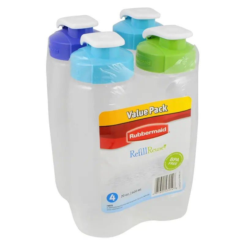 Rubbermaid Refill+ Reusable 20-Ounce Chug Water Bottles 4-Pack, Leak-Proof, Ergonomic Grip