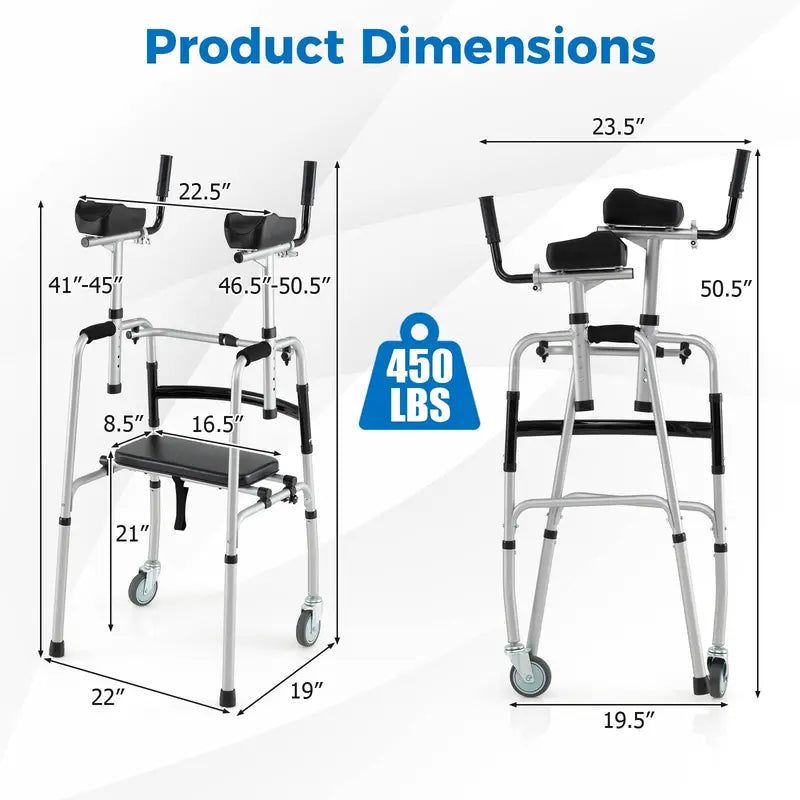 Heavy-Duty Folding Walker 450 lb Capacity, 5-Inch Wheels, Padded Seat & Removable Armrests