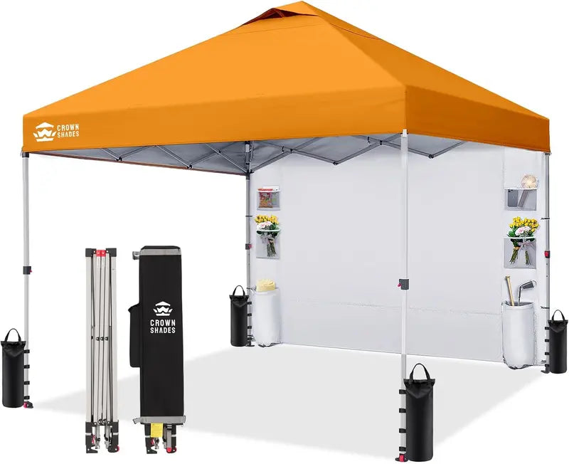 CROWN SHADES 10′ x 10′ Pop-Up Canopy: One-Touch Setup with Center-Lock Mechanism, Integrated Sidewall Pockets, and Portable Beach or Camping Shelter