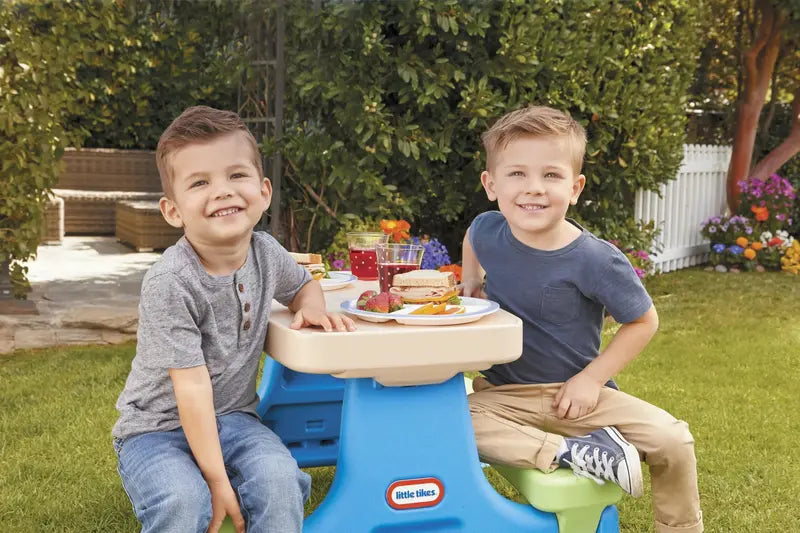 Little Tikes Easy-Store Kids’ Picnic Table Durable Indoor/Outdoor Design with Umbrella, Ages 2+