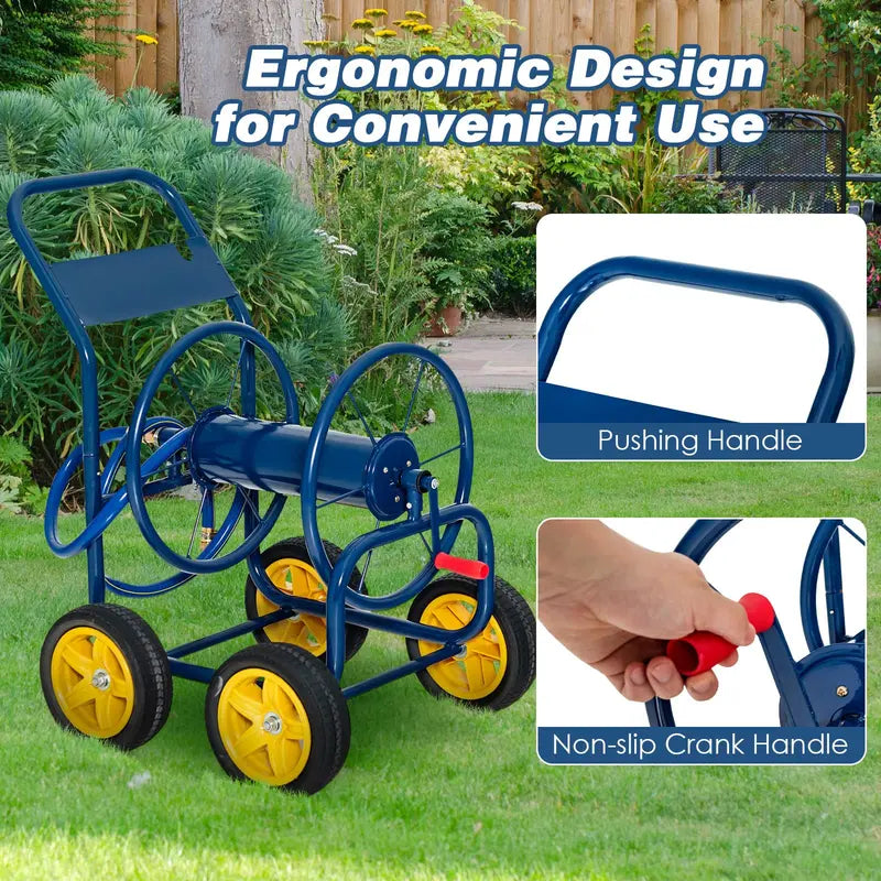 Heavy-Duty Garden Hose Reel Cart with Non-Slip Crank & 4 Solid Wheels