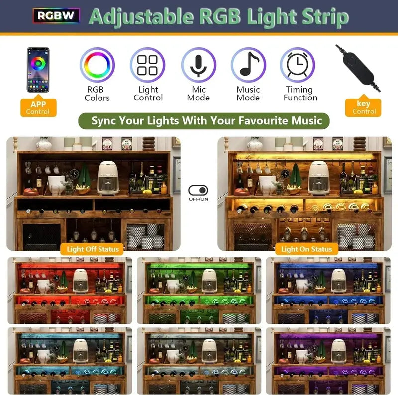 LED-Lit Wine & Liquor Bar Cabinet Glass Shelving, Coffee Station Design, Integrated Lighting