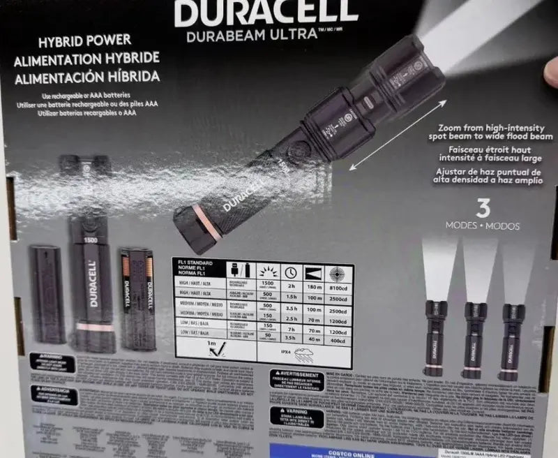Duracell Hybrid LED Flashlight 1500-Lumen Rechargeable Light, 4-Pack with USB Charging
