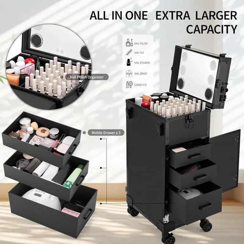 Rolling Manicure Station LED Mirror, Built-in Bluetooth Speaker, Secure TSA Lock, and Storage Drawers