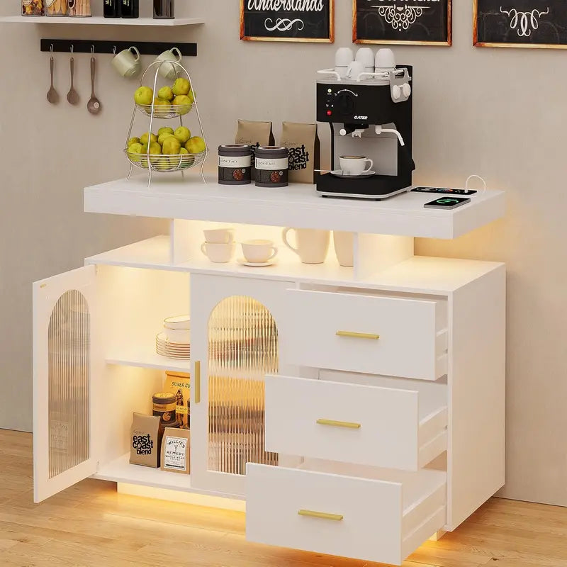 RGB-Lit Bar Cabinet with Motion Sensor Modern Wood Buffet Sideboard with Shelf Storage & Coffee Bar Functionality (Black)
