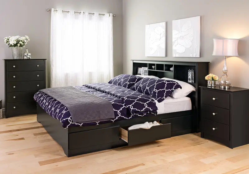 Prepac Sonoma 3-Drawer Nightstand, Black Finish, Brushed Nickel Knobs, Metal Glide Drawers