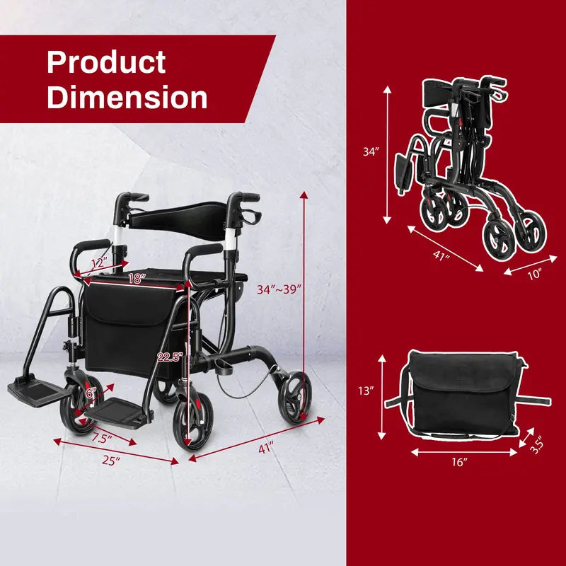 Dual-Function Folding Rollator Walker and Transport Wheelchair for Seniors