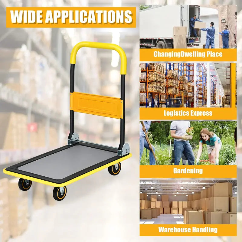 Lightweight Folding Flatbed Cart 330 LB Capacity Yellow Platform Dolly with Push Handle