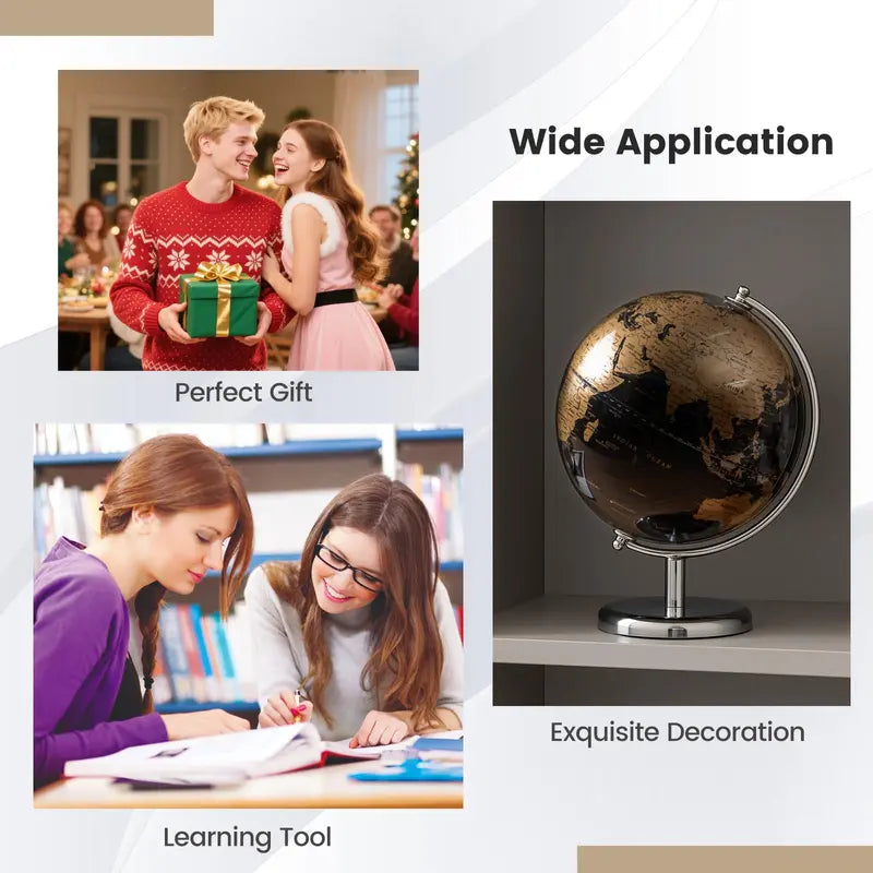8-Inch Black Metallic World Globe Interactive Learning Tool for Students