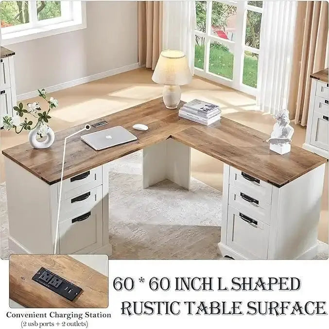 60-Inch L-Shaped Farmhouse Executive Desk Wood Corner Computer Workstation