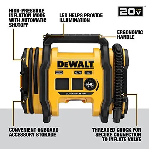DEWALT DCC020IB 20V MAX Cordless Tire Inflator Compact, Auto-Shutoff, LED Illumination, Quick-Fill Performance