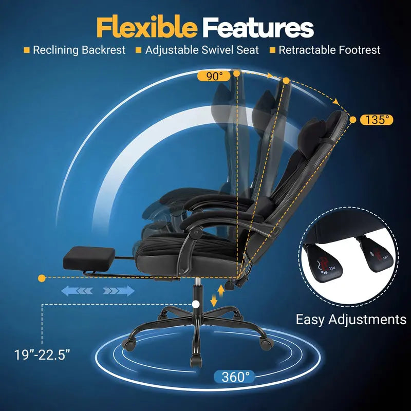 Adjustable Ergonomic Gaming Chair with Headrest and Lumbar Support