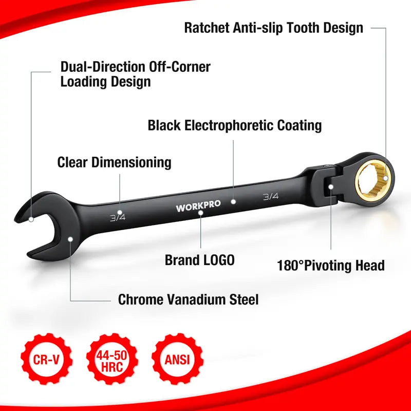 WORKPRO 8-Piece Anti-Slip Flex-Head Ratcheting Wrench Set