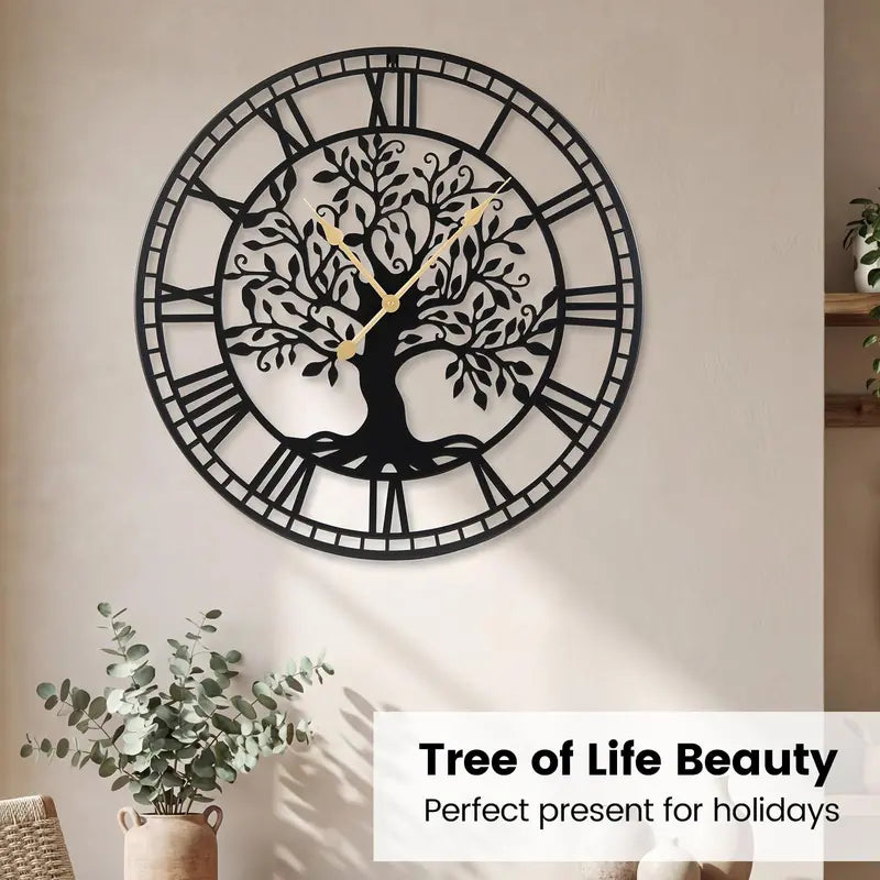 27-Inch Tree of Life-Themed Battery-Operated Metal Wall Clock with Elegant Finish