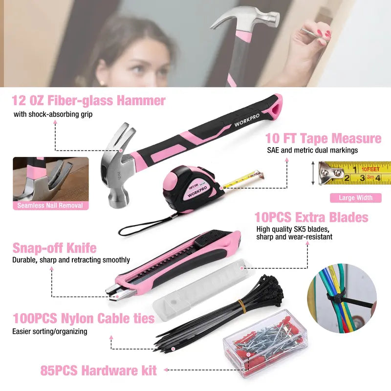 WORKPRO Complete Household Tool Set 258 or 284 Pieces, Pink Ribbon Design