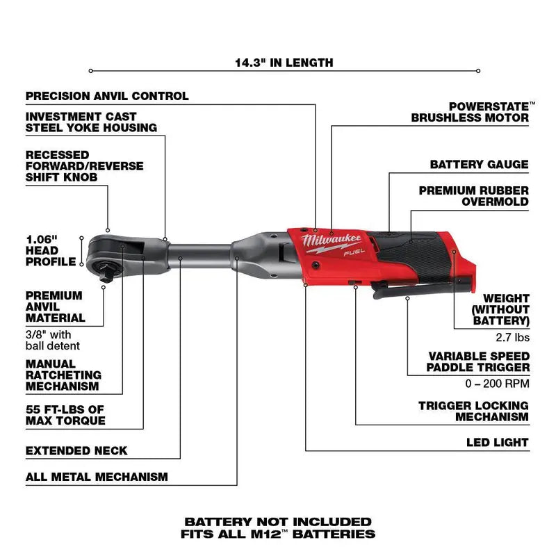 M12 FUEL 12V Lithium-Ion Brushless 3/8 in. High Speed Ratchet w/ Extended Reach