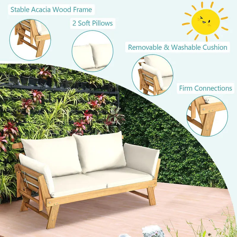 Acacia Wood Outdoor Daybed Convertible Sofa Bed with Adjustable Armrests & Lounge Function