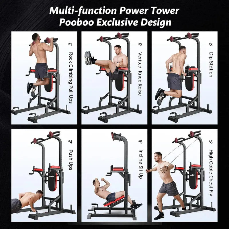 Pooboo Power Tower with Dip Station, Pull-Up Bar & Adjustable Supine Board Home Gym Station