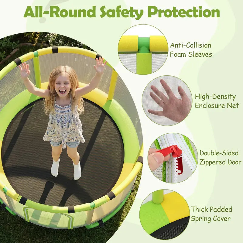 Kids’ Trampoline with Safety Enclosure Includes Adjustable Gymnastics Bar, Swing & Basketball Hoop