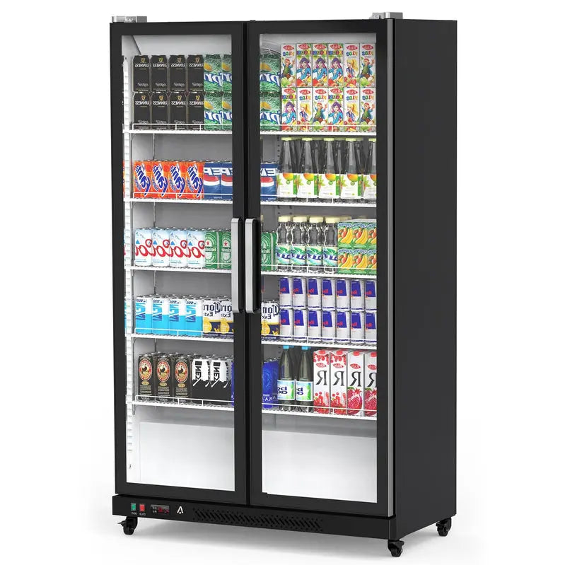Glass-Front Upright Display Cooler 39 Cubic Feet, Dual-Swing Doors, LED Illumination
