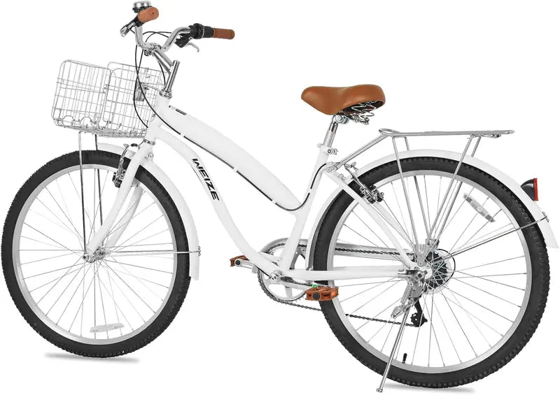 WEIZE 26″ Beach Cruiser Bike 7-Speed Commuter Bicycle with Fenders, Rear Rack, Ergonomic Upright Frame & Comfort Saddle