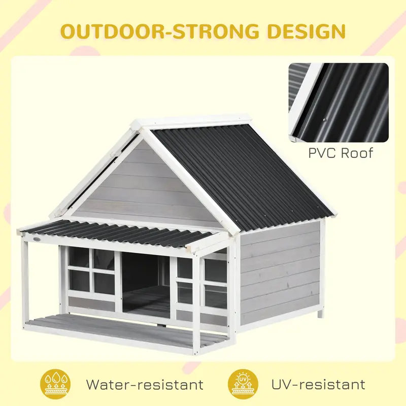 PawHut Wooden Dog House Outdoor with Porch, Cabin Style Raised Dog Shelter with PVC Roof, Front Door, Windows, for Large Medium Sized Dog