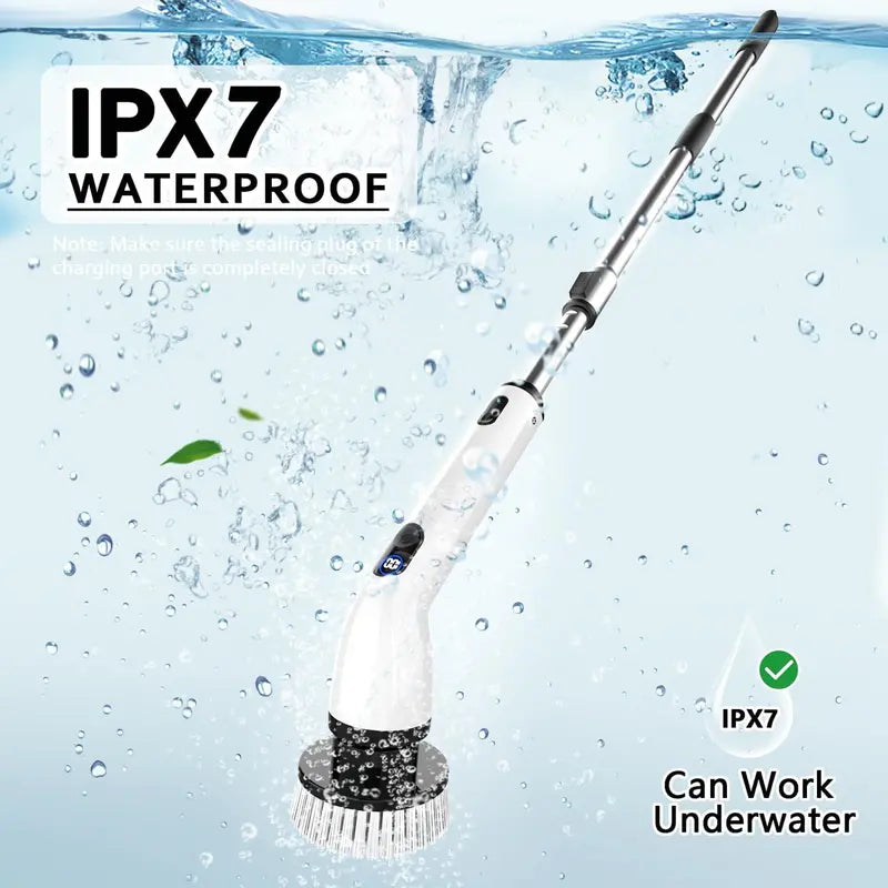Cordless Electric Spin Scrubber IPX7 Waterproof, LCD Display, Adjustable Handle & Multi-Surface Cleaning Brush