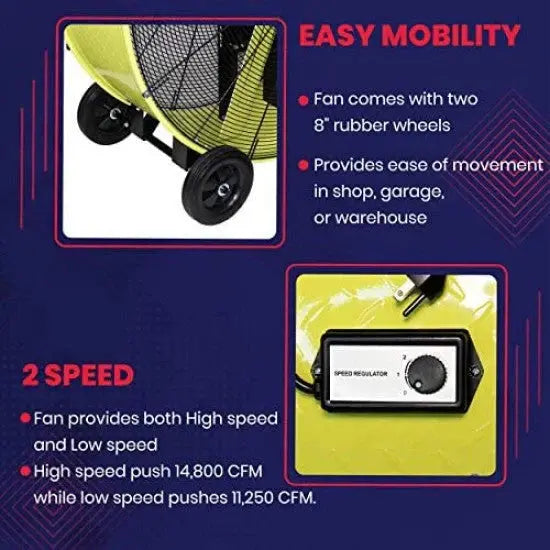 K Tool International 42″ Industrial Belt-Drive Drum Fan Dual-Speed, Safety Yellow, Rubber-Caster Mobility