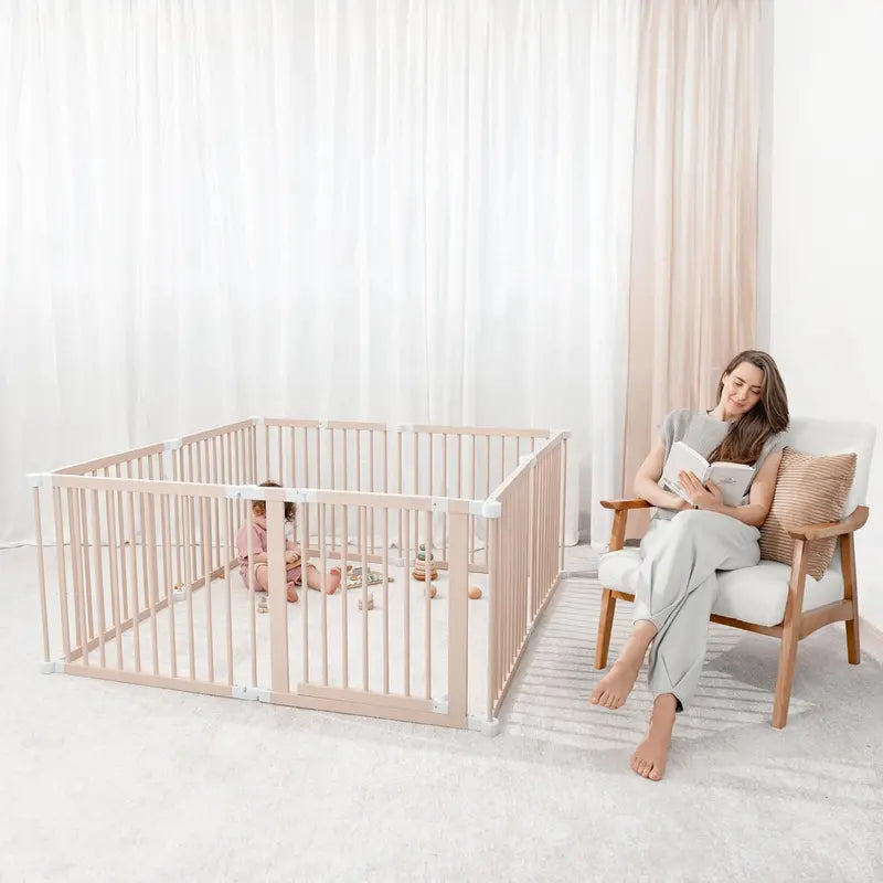 Expandable Pine Wood Baby Playpen 144 cm Square Foldable Fence with Child-Safe Lock and 579 cm Max Extension