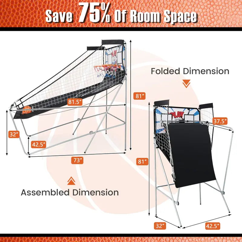 Dual-Shot Foldable Basketball Arcade Game Indoor/Outdoor Electronic Hoop Machine with Dual Play Mode