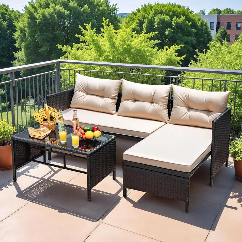Devoko 3-Piece Beige L-Shaped Rattan Patio Sectional with All-Weather Cushions and Glass Table