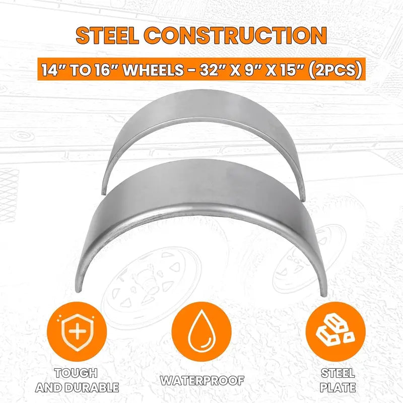 HECASA 16-Gauge Steel Trailer Fenders for 14-16″ Wheels, 32″x9″x15″, 2-Pack with Backs
