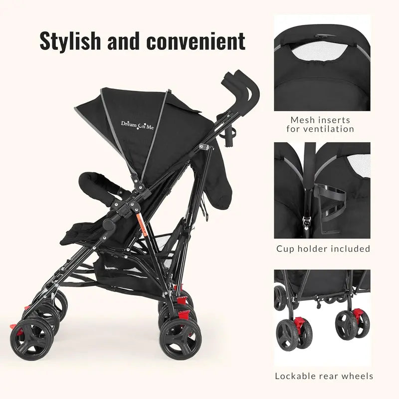 Compact Twin Umbrella Stroller in Black Lightweight Double Stroller for Infant & Toddler with Large Canopy & Storage Basket