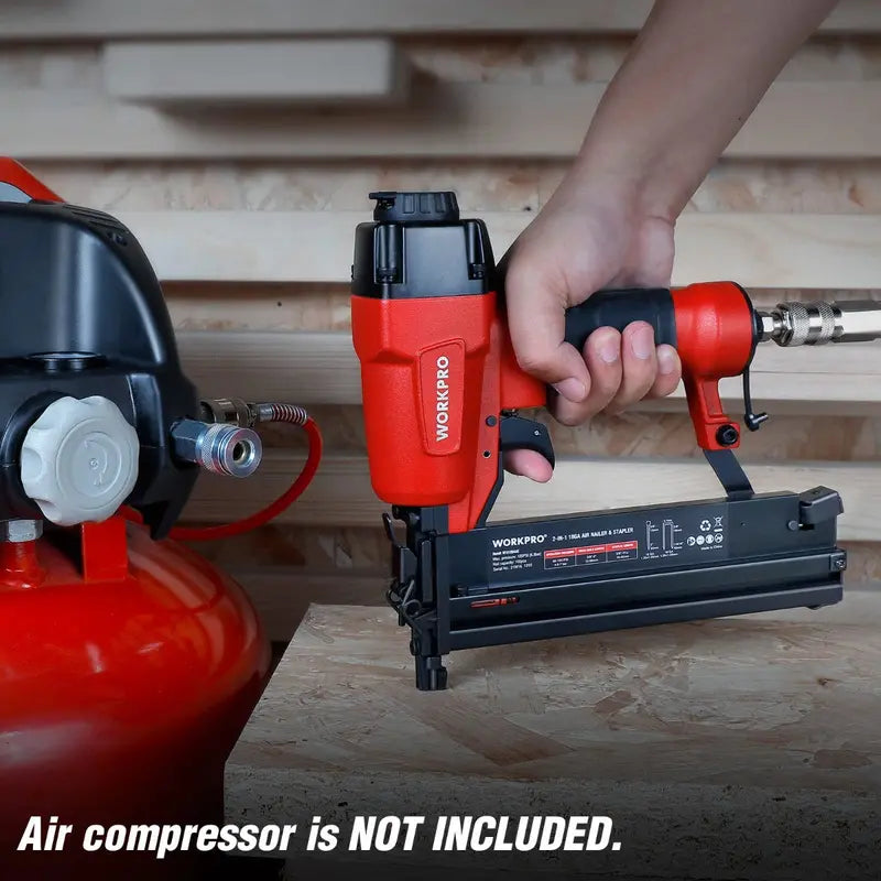 WORKPRO Dual-Function Pneumatic Brad Nailer Includes 400 Brads & 300 Staples