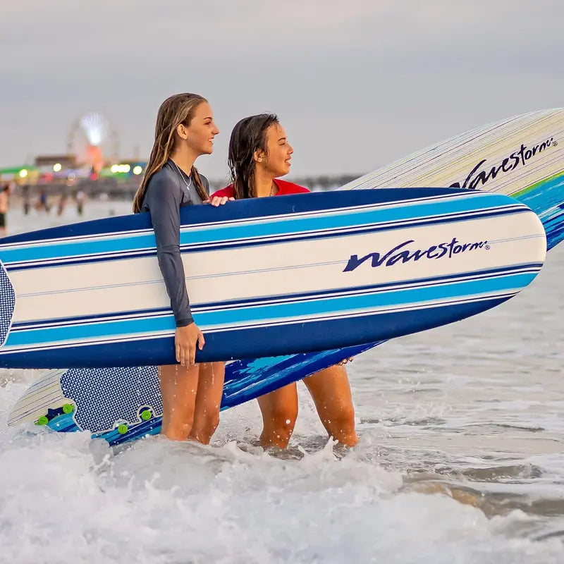 Wavestorm 7-Foot Soft Top Foam Surfboard Beginner-Friendly Heat-Laminated Board with Leash & Multi-Fin Set, Blue Pinline Design