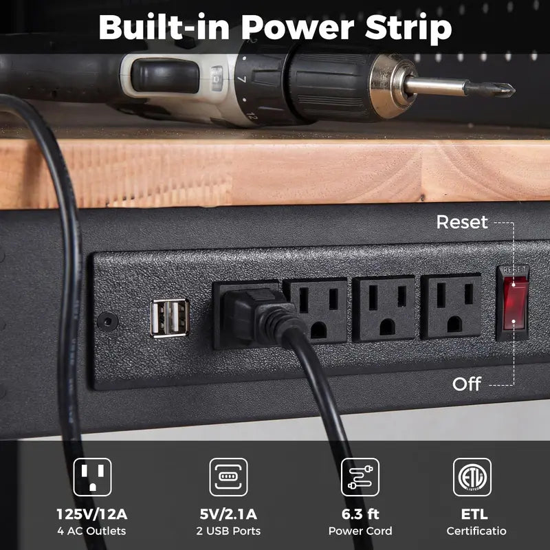48-Inch Heavy-Duty Workbench Built-in AC/USB Outlets & Modular Pegboard System