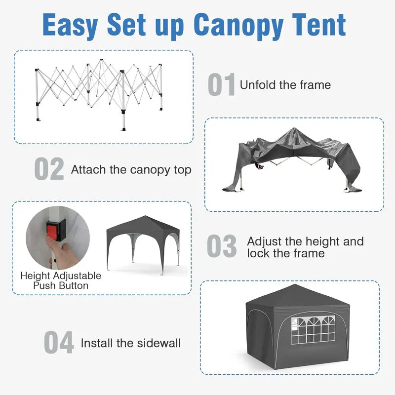 10′ x 10′ Pop-Up Canopy Tent with Four Zippered, Removable Sidewalls