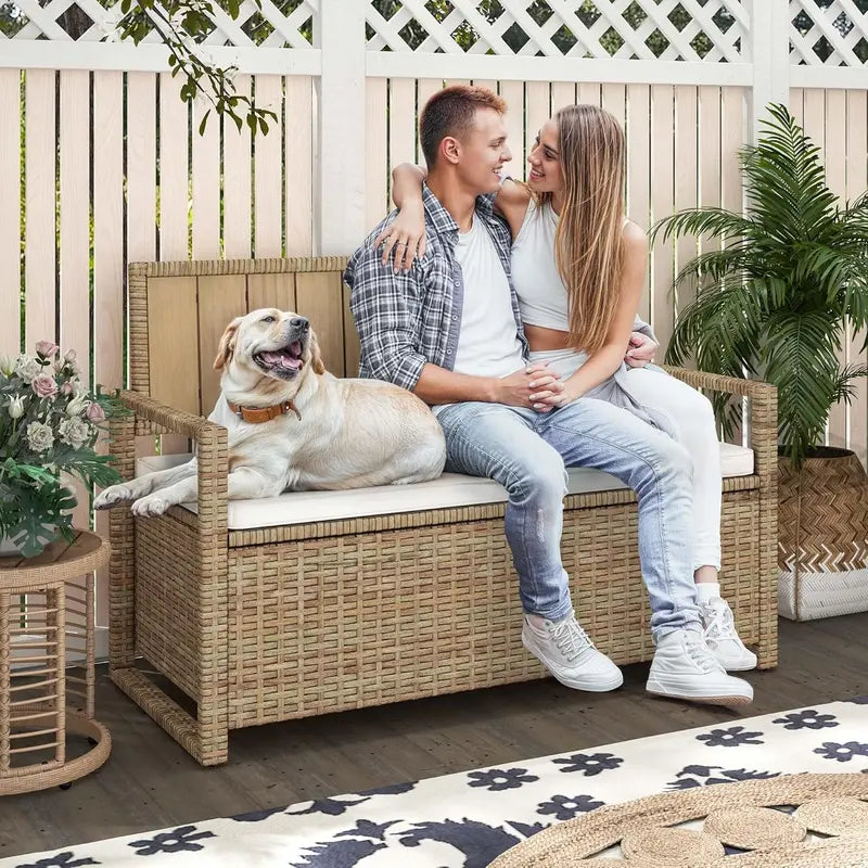 DWVO 70-Gallon All-Weather Storage Bench Sand Beige Wicker Deck Bench with Cushion and Composite Wood Backrest