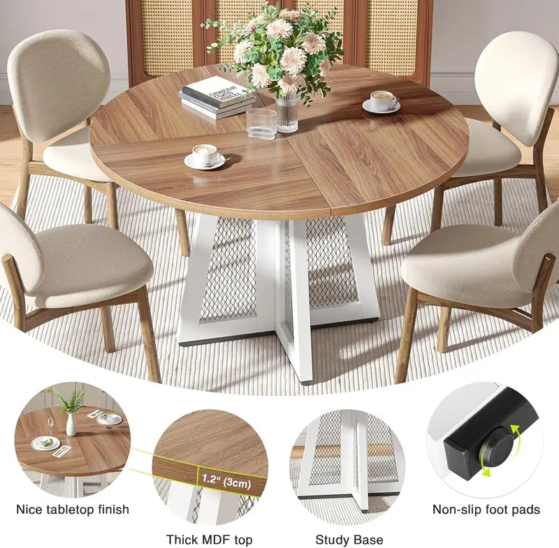 47-Inch Farmhouse Round Dining Table in Brown: Solid Wood Pedestal Base, Ideal for Kitchens, Living Rooms, and Casual Dining Spaces