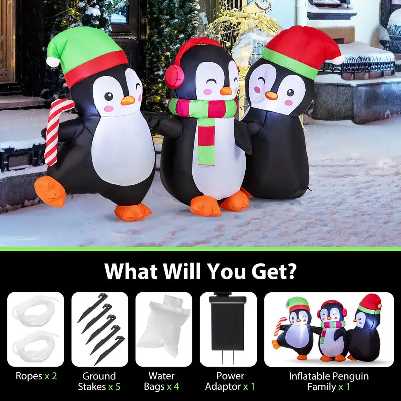 6-Foot Inflatable Penguin Family — LED-Lit Group Display with Interlocked Hands