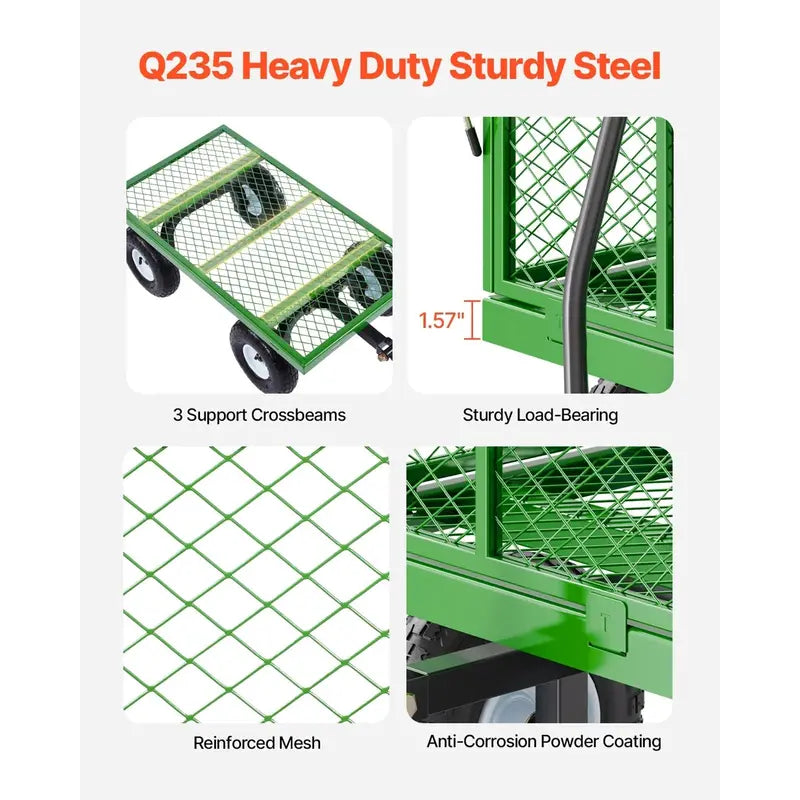 KFFKFF Heavy-Duty Mesh Steel Garden Wagon 900-Lb Capacity, 38″ x 22″, Swivel Handle & Removable Sides