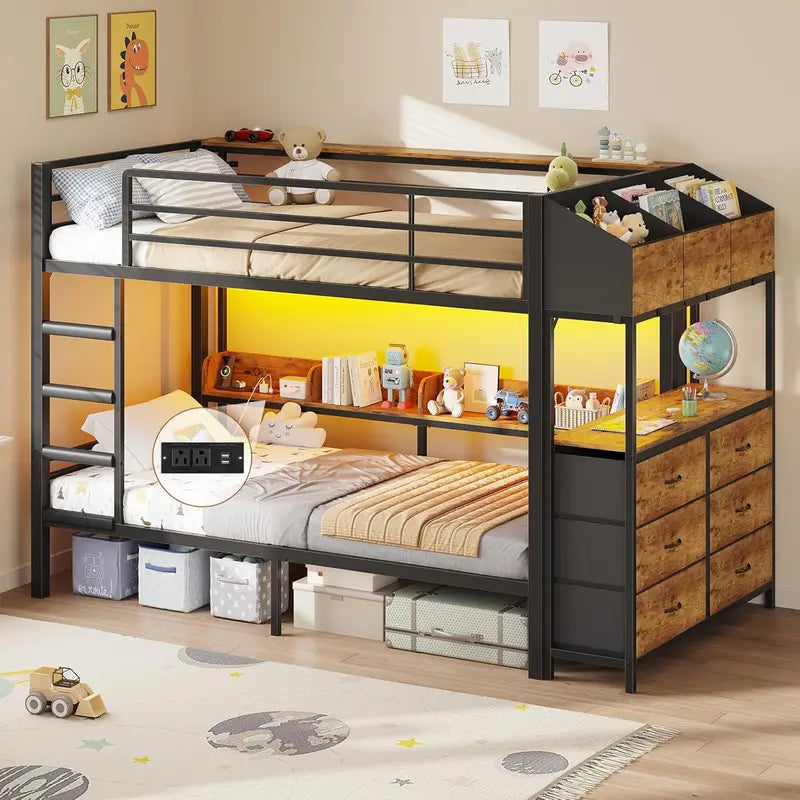 DICTAC Twin XL Bunk Bed with L-Shaped Desk, 5-Drawer Storage, and Dual Shelving