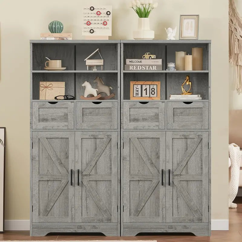 White Farmhouse Storage Cabinet Two-Drawer Pantry or Bathroom Hutch with Adjustable Interior Shelving